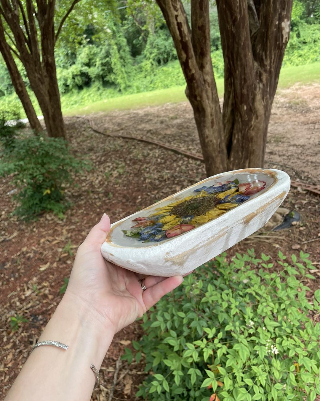 Wood and Resin Floral Bowl