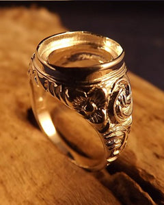 Mens Embossed Silver Signet Ring For 14x10 Stone